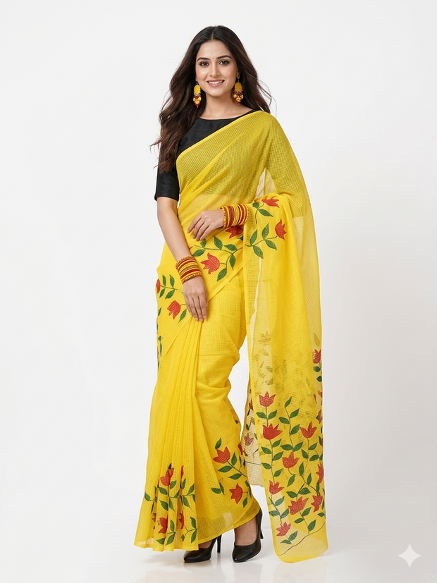 Yellow Handpainted Kota Cotton Saree