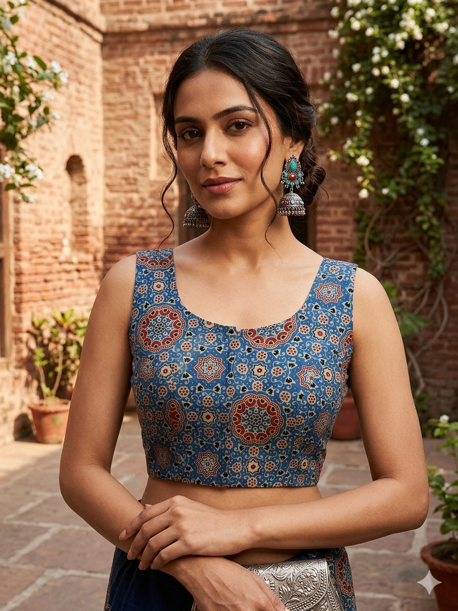 Blue Ajrakh Mashru Silk Blouse