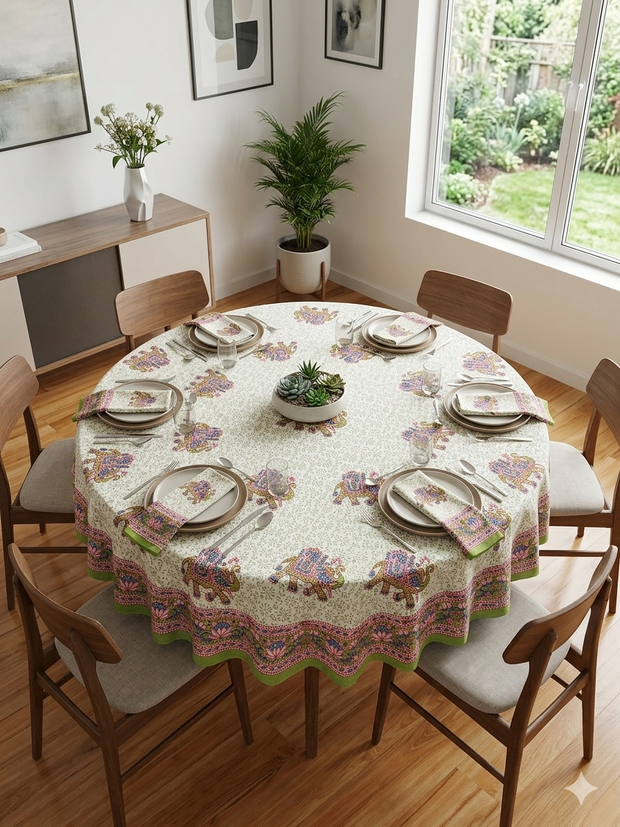 Handblock Print Cotton 8 Seater Round Table Cover