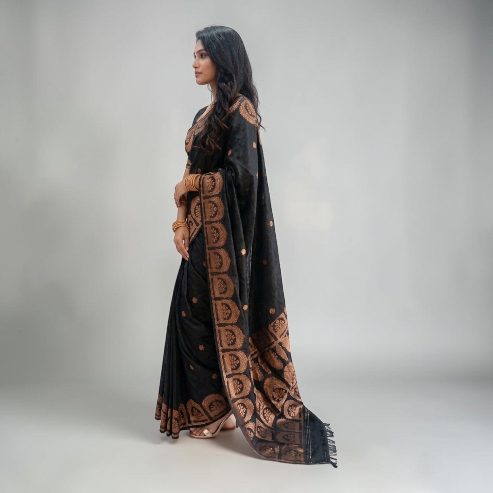 Black Golden Zari Work Silk Saree