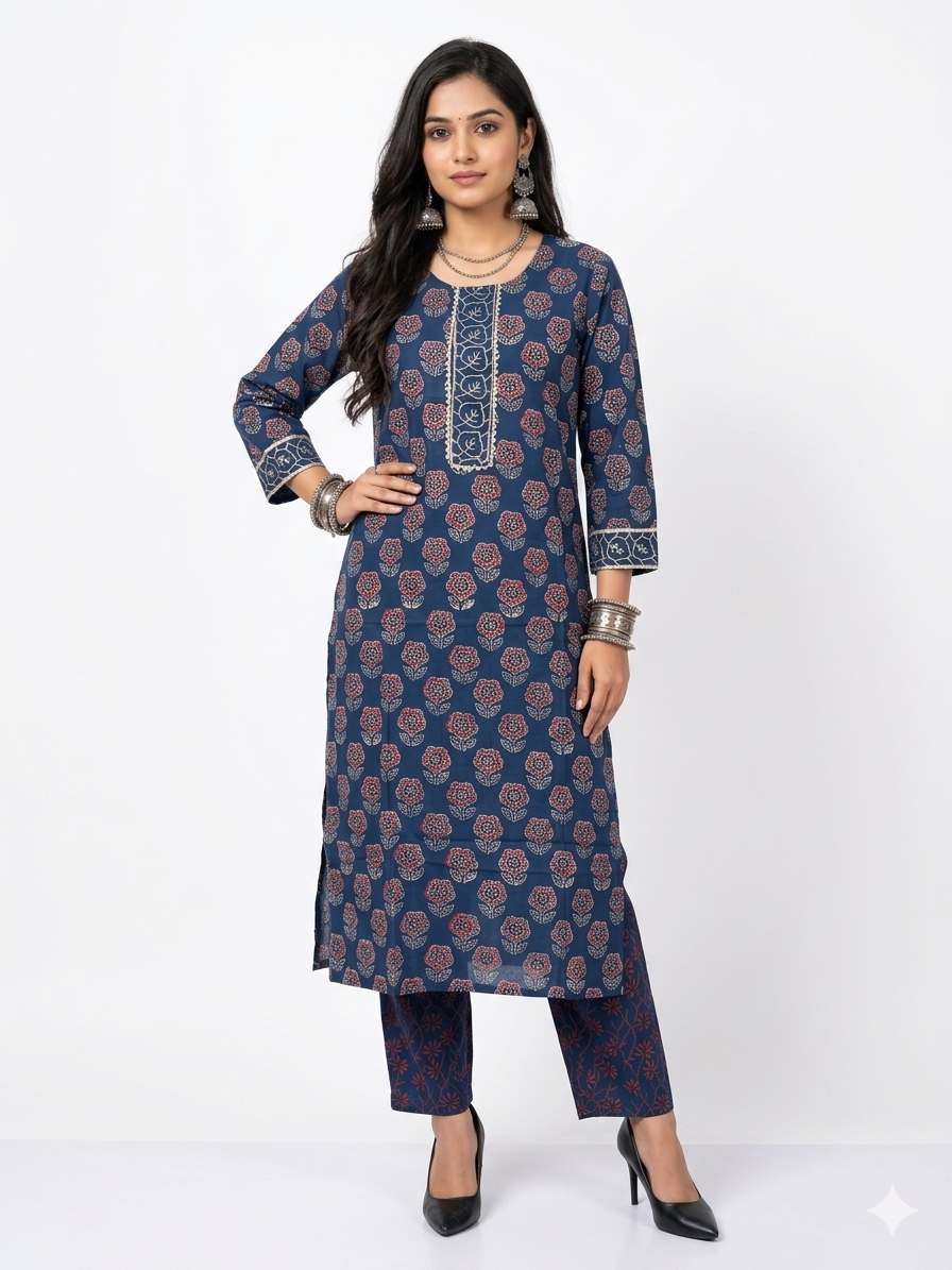 Blue Floral Handblock Cotton Kurta & Pant