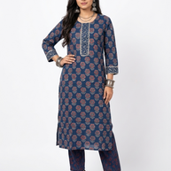 Blue Floral Handblock Cotton Kurta & Pant