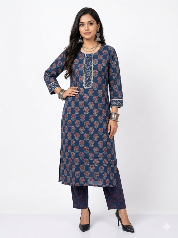 Blue Floral Handblock Cotton Kurta & Pant