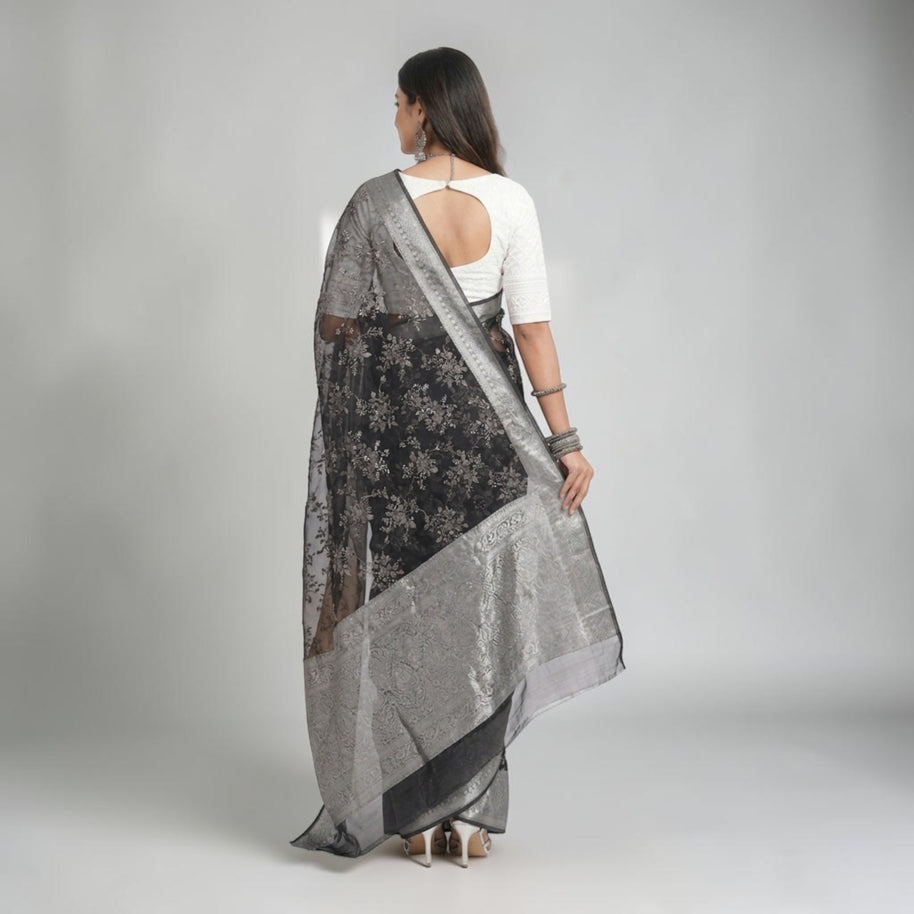 Black Grey Floral Tissue Saree