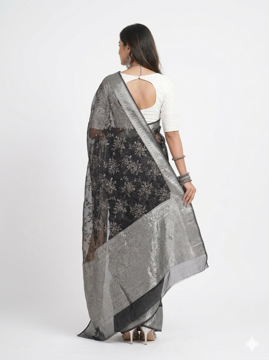 Black Grey Floral Tissue Saree