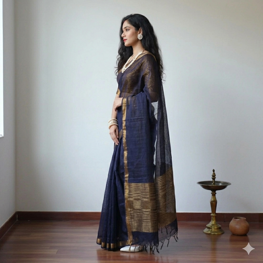 Navy Blue Handloom Kota Cotton Saree