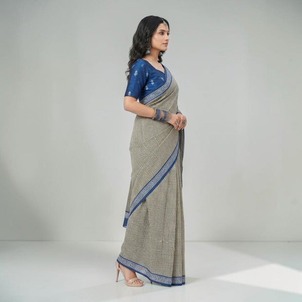 Offwhite Black Stripe Handblock Cotton Saree