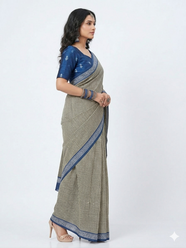 Offwhite Black Stripe Handblock Cotton Saree
