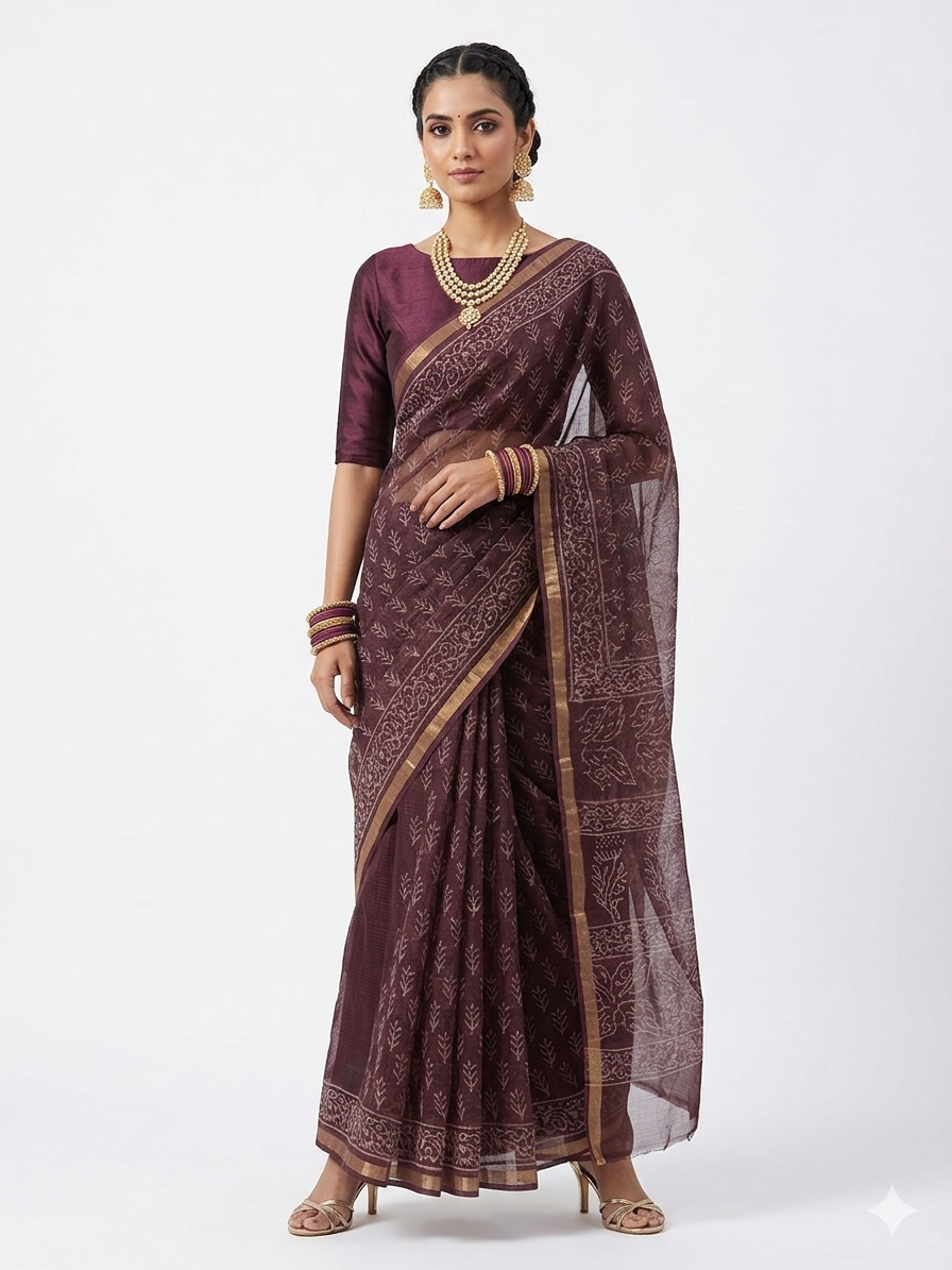 Brown Leaf Handblock Kota Cotton Saree