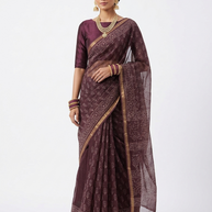 Brown Leaf Handblock Kota Cotton Saree