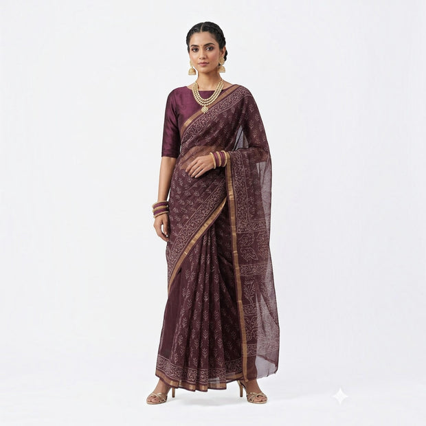 Brown Leaf Handblock Kota Cotton Saree