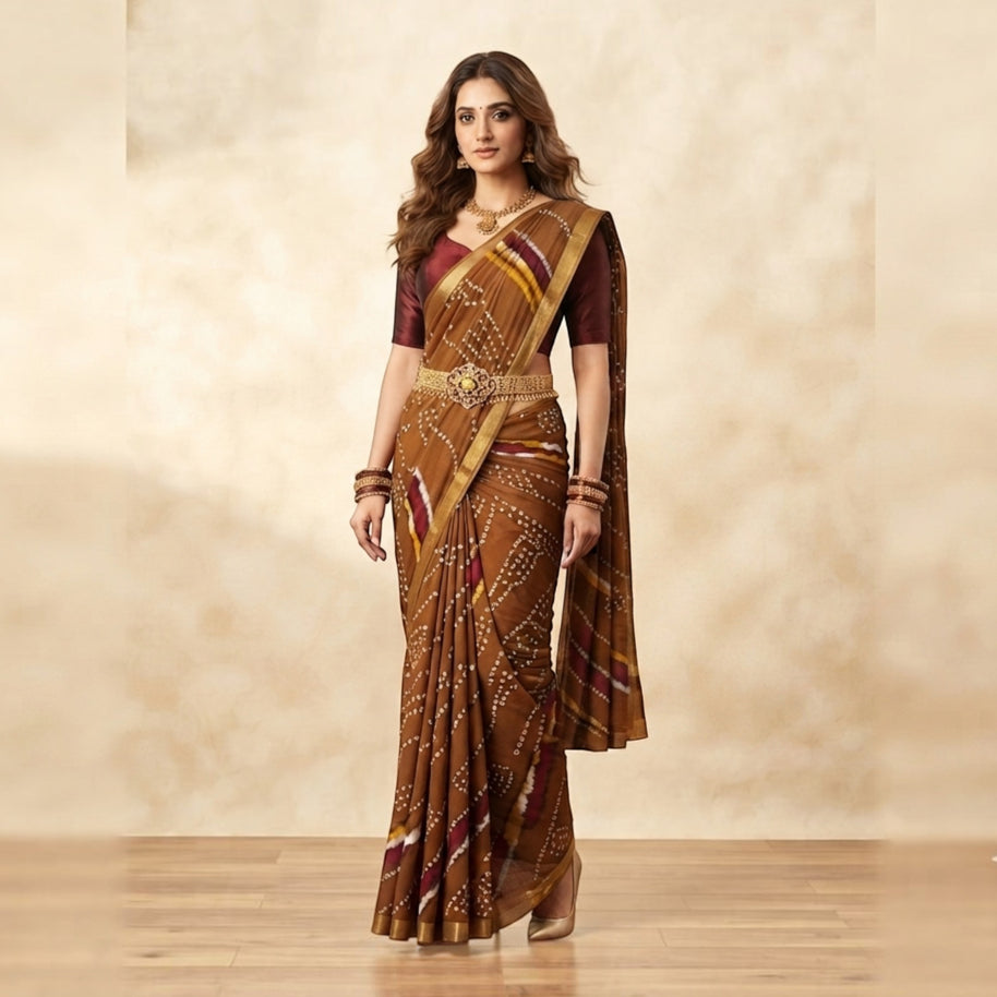 Brown Bandhej Cotton Saree
