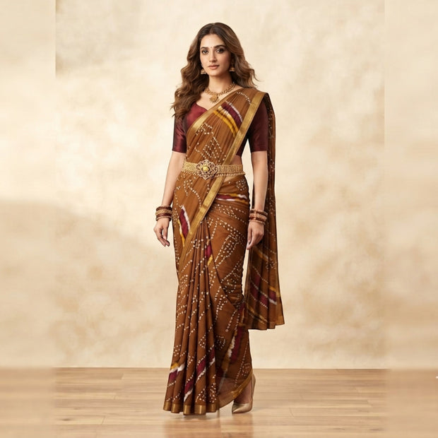 Brown Bandhej Cotton Saree