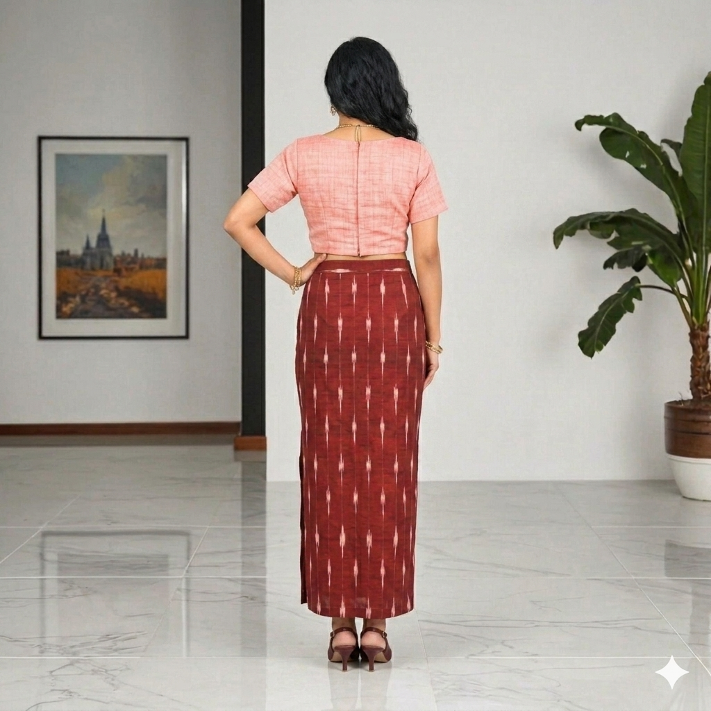 Maroon White Handwoven Ikat Cotton Long Skirt