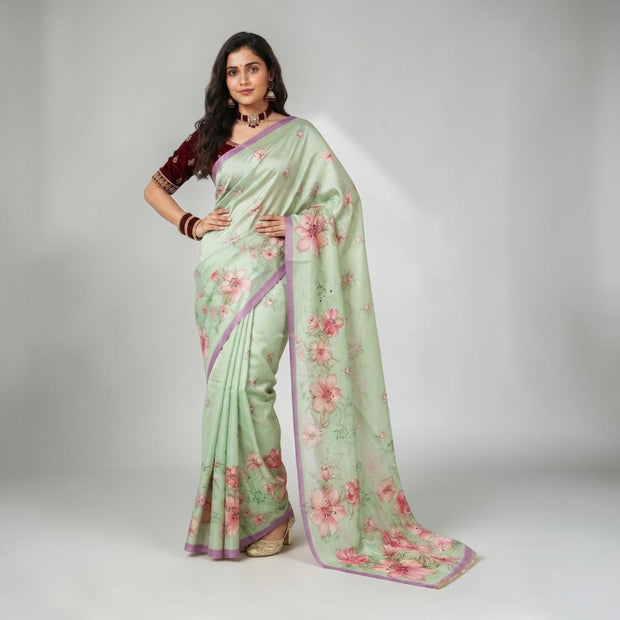 Green Tussar Floral Silk Saree