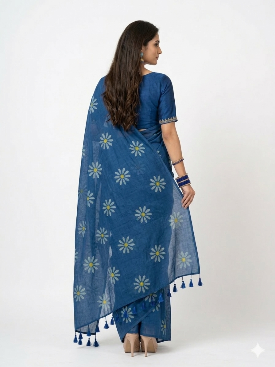 Blue White Floral Handprinted Cotton Saree