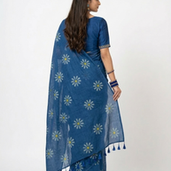 Blue White Floral Handprinted Cotton Saree