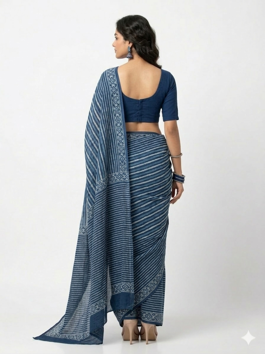 Blue White Stripe Handblock Print Cotton Saree