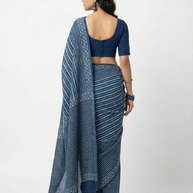 Blue White Stripe Handblock Print Cotton Saree