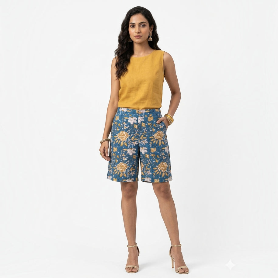 Blue Floral Handblock Cotton Shorts