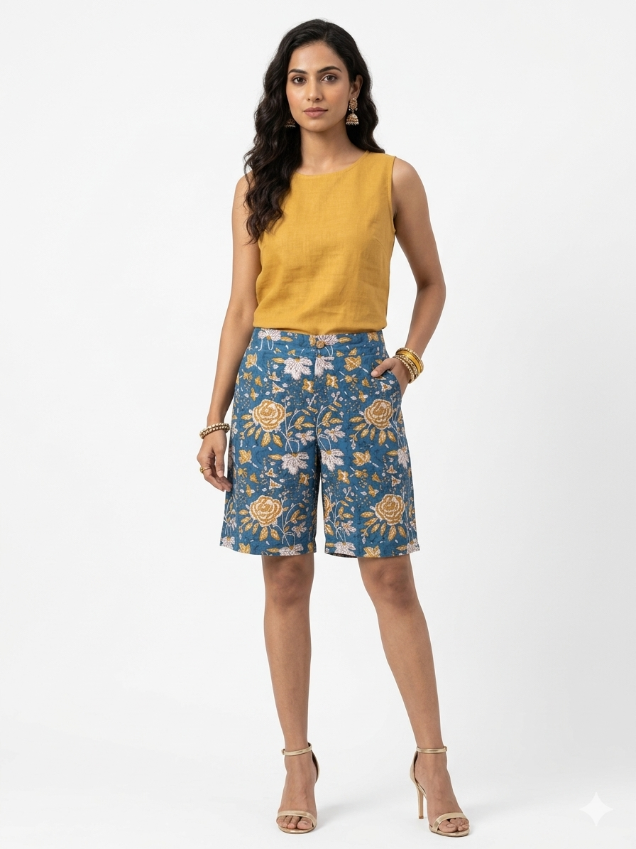 Blue Floral Handblock Cotton Shorts