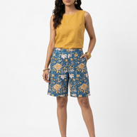 Blue Floral Handblock Cotton Shorts