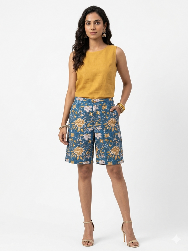 Blue Floral Handblock Cotton Shorts