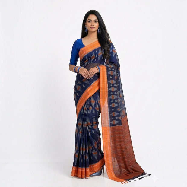 Blue Orange Cotton Saree