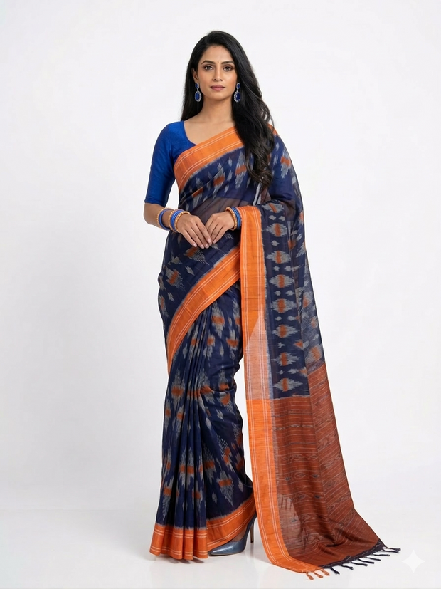 Blue Orange Cotton Saree