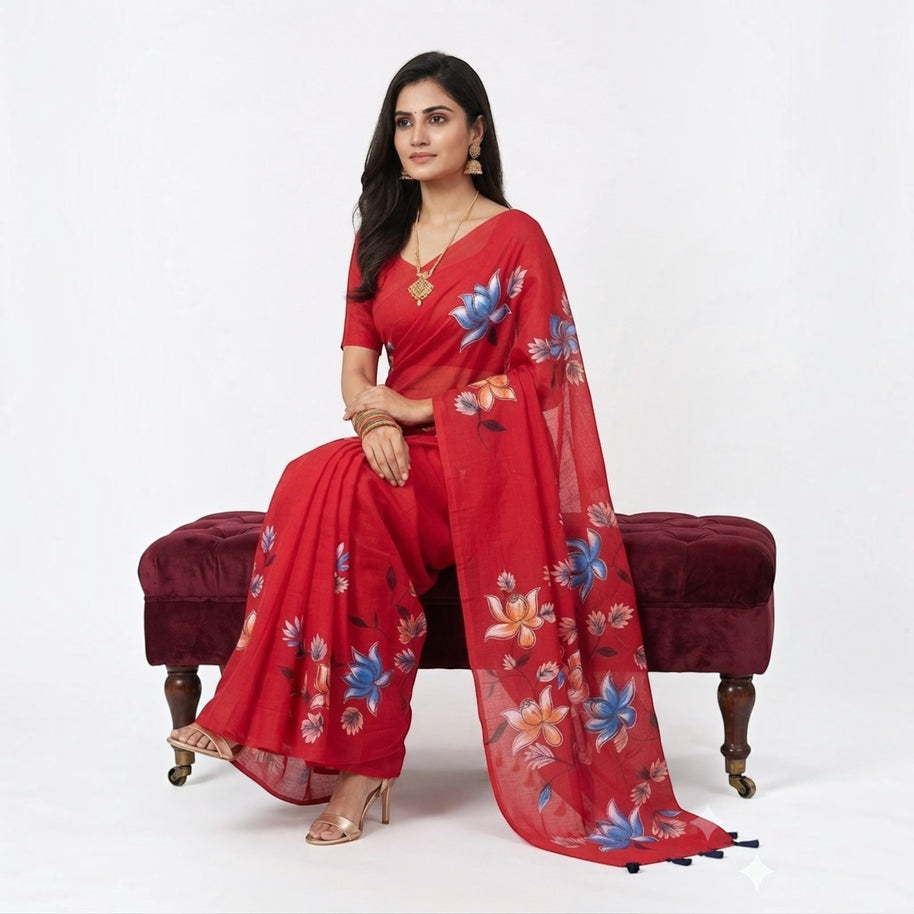 Red Handpainted Cotton Saree