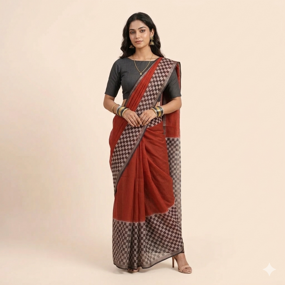 Maroon Black Check Handblock Kota Cotton Saree