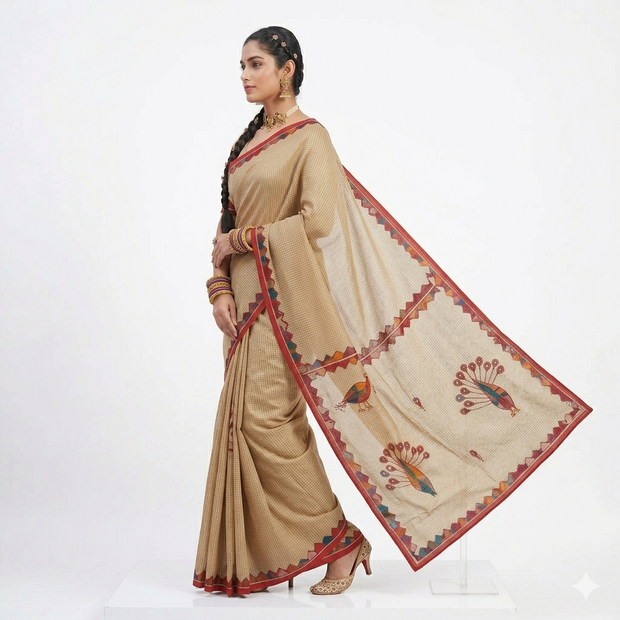 Light Brown Applique Kota Cotton Saree