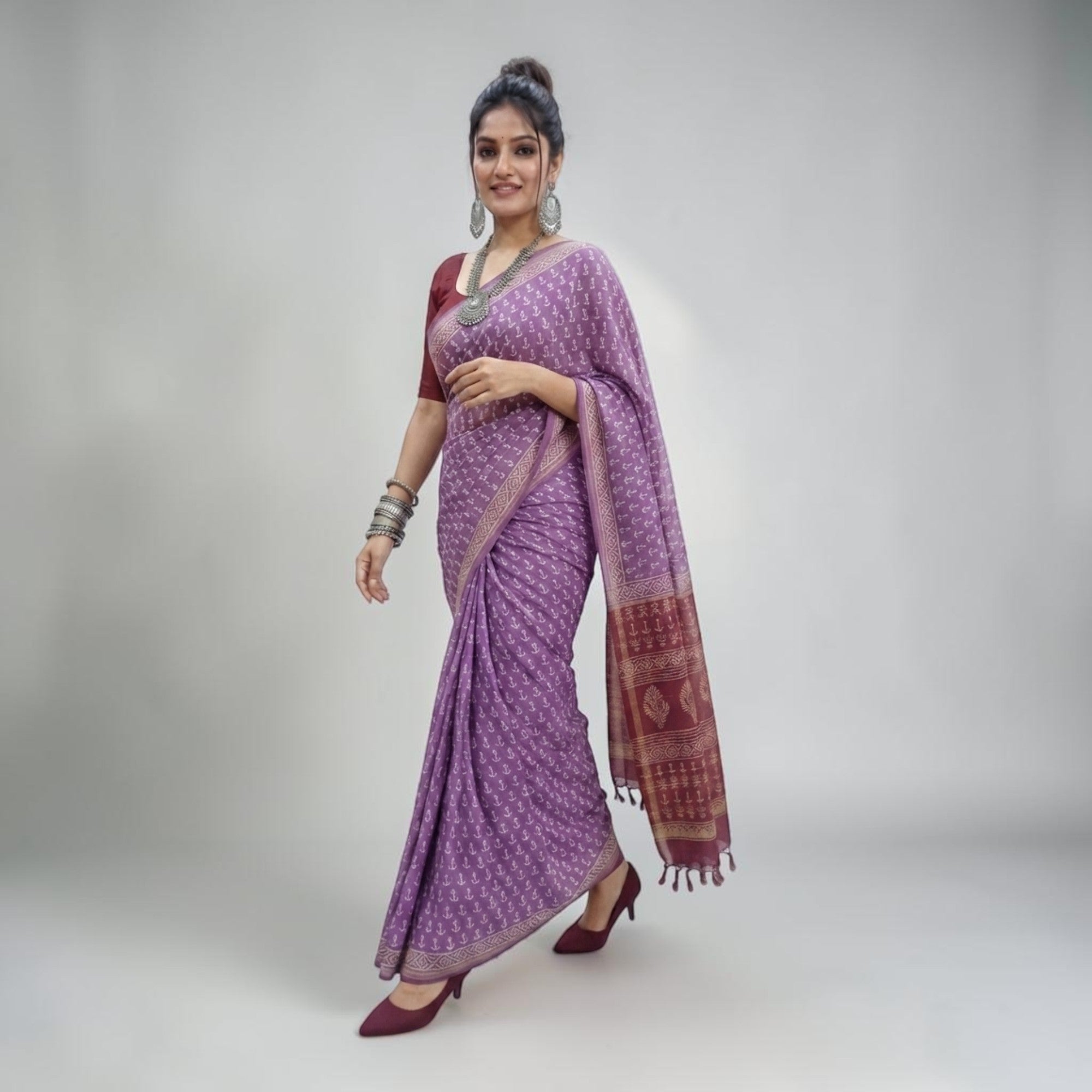 Purple Handblock Chanderi Saree