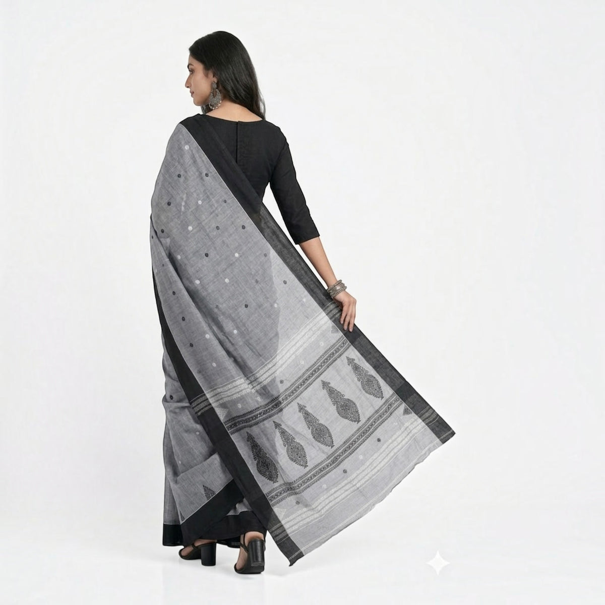 Grey Black Work Cotton Saree