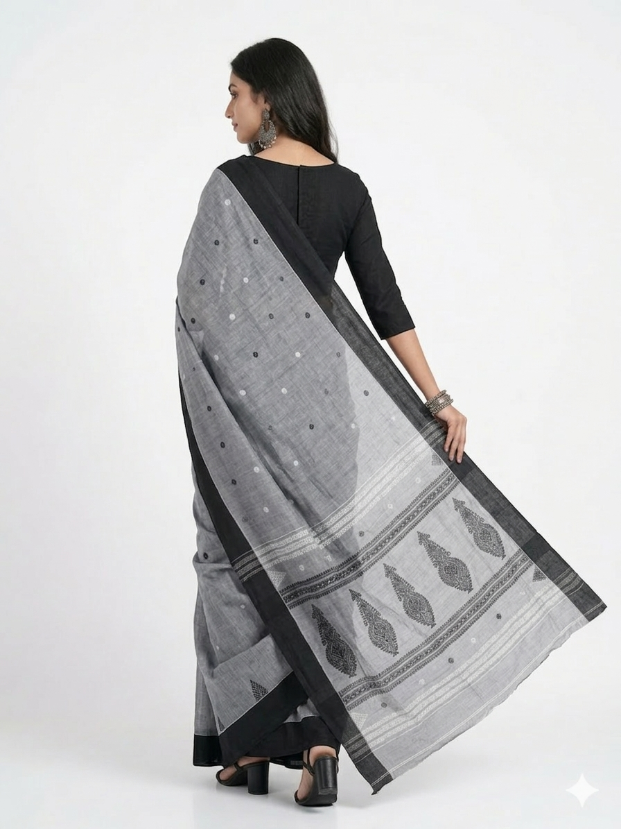 Grey Black Work Cotton Saree