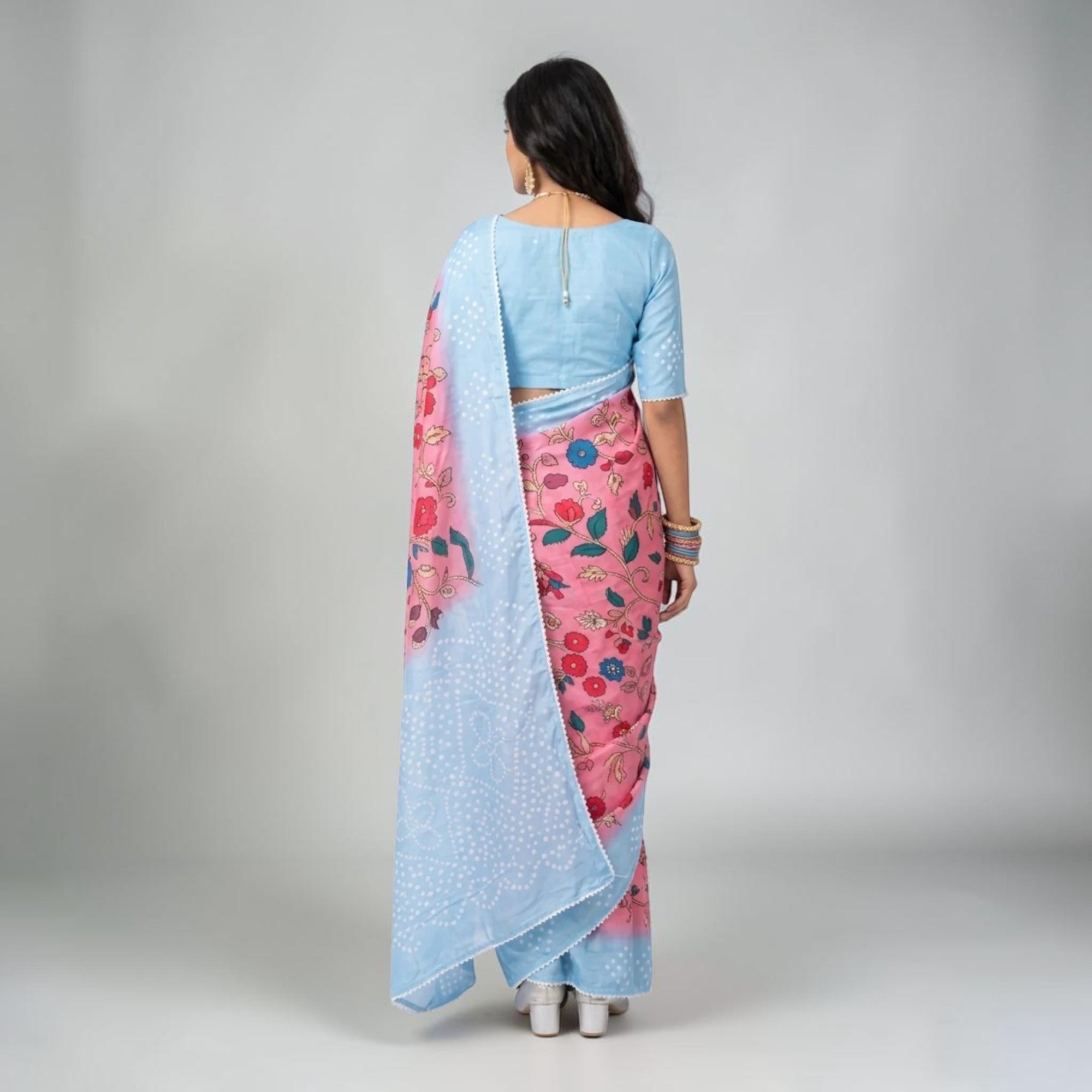 Pink Kalmakari Bandhani Makhmali Silk Saree