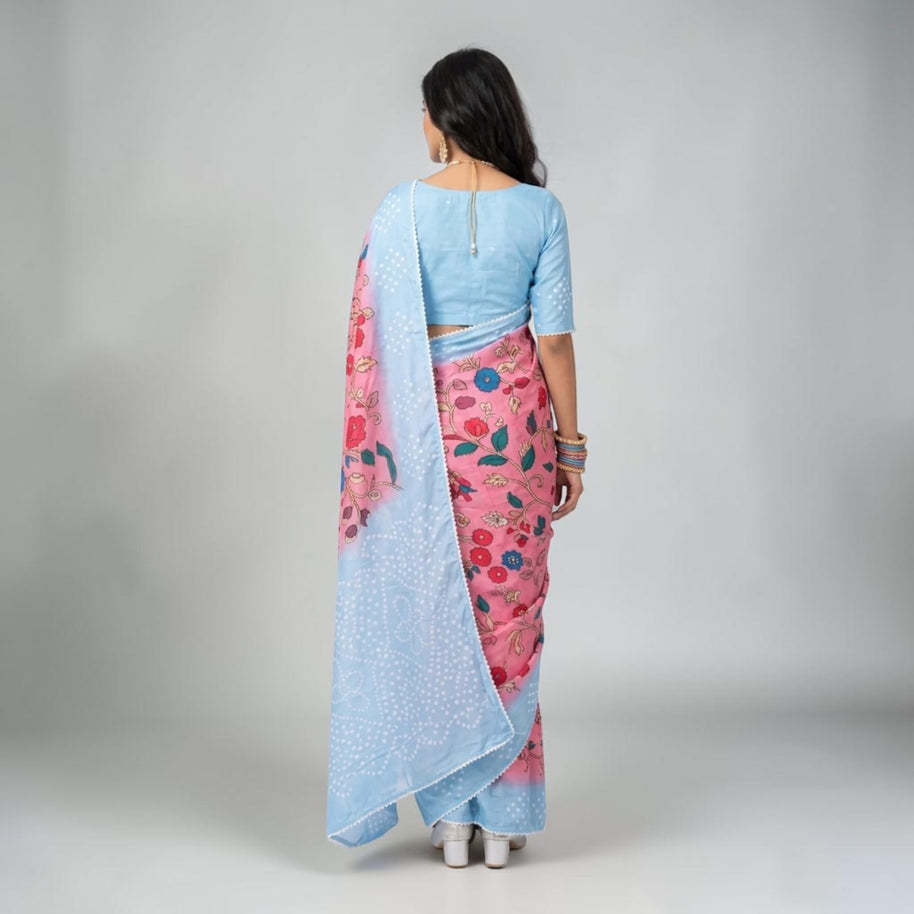 Pink Kalmakari Bandhani Makhmali Silk Saree