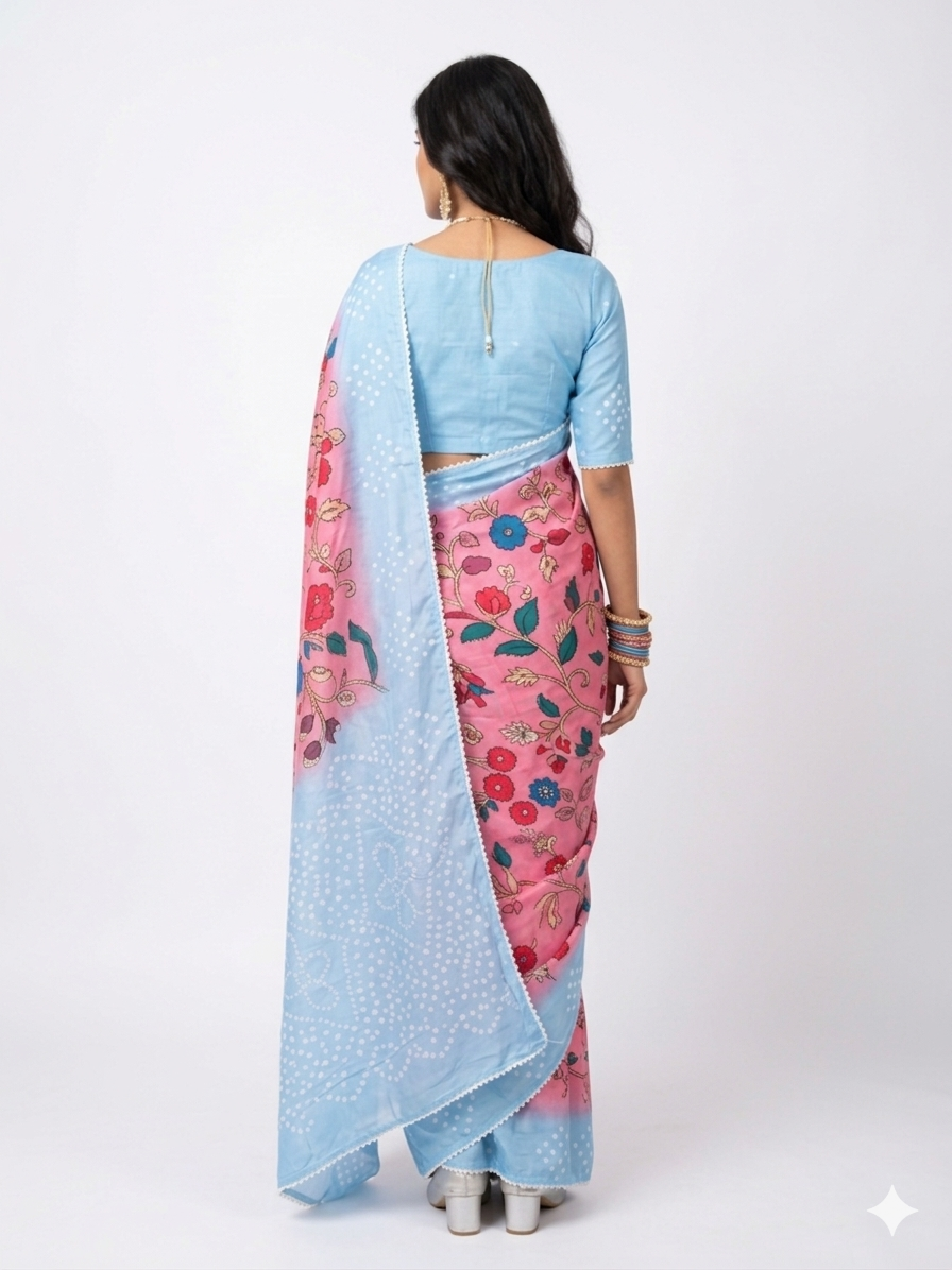 Pink Kalmakari Bandhani Makhmali Silk Saree