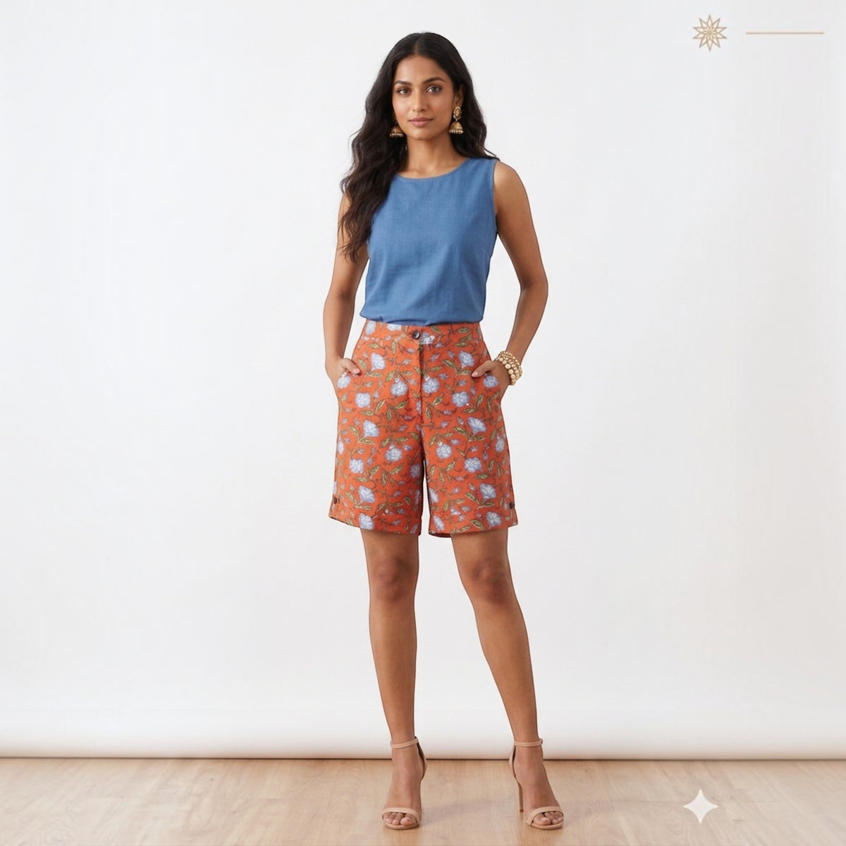Orange Floral Handblock Cotton Shorts