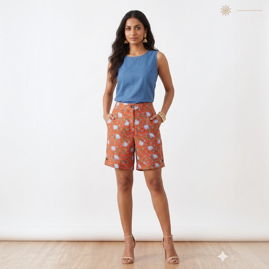 Orange Floral Handblock Cotton Shorts