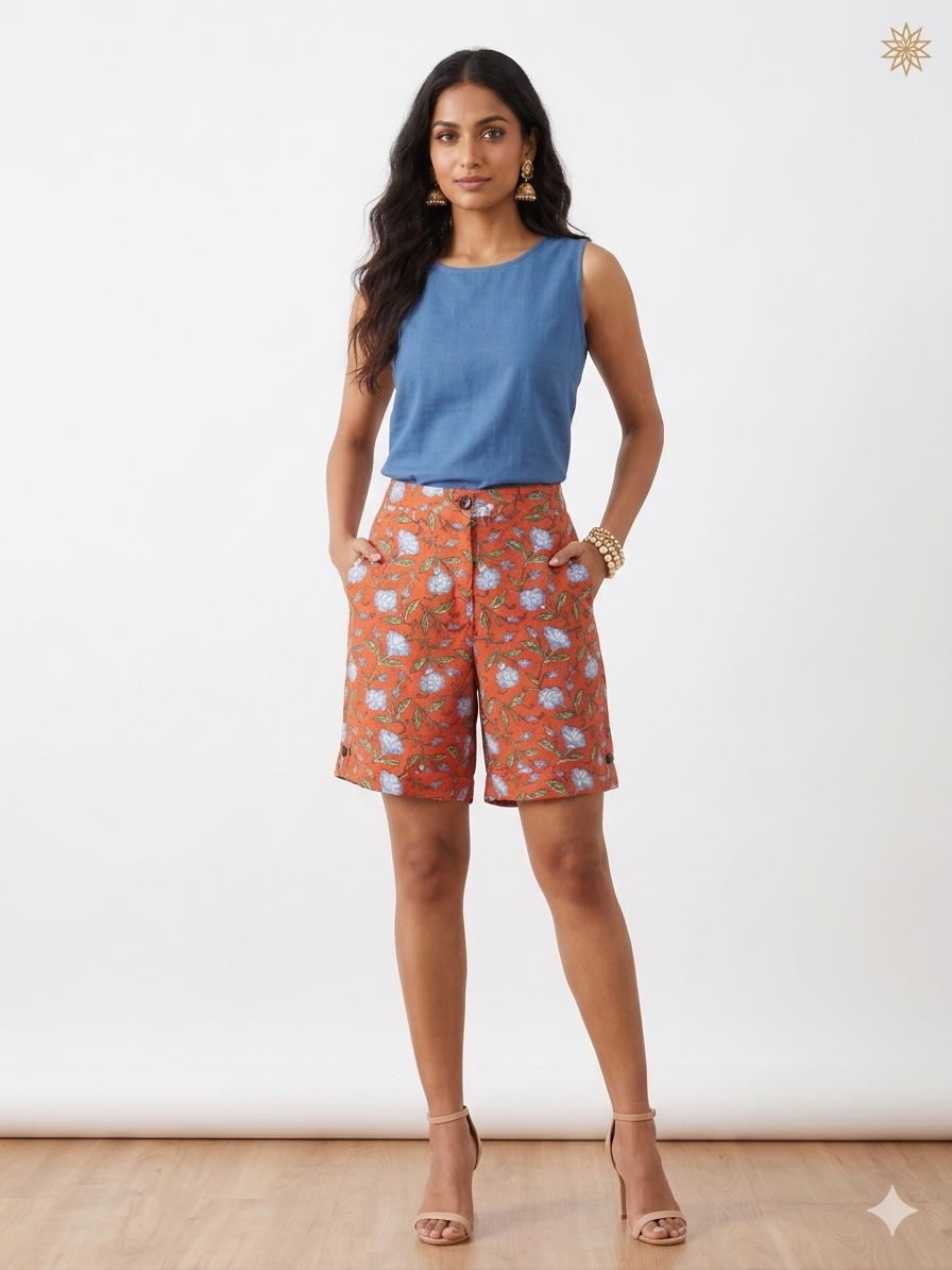 Orange Floral Handblock Cotton Shorts