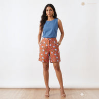 Orange Floral Handblock Cotton Shorts