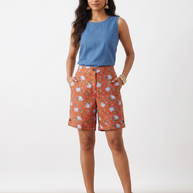 Orange Floral Handblock Cotton Shorts