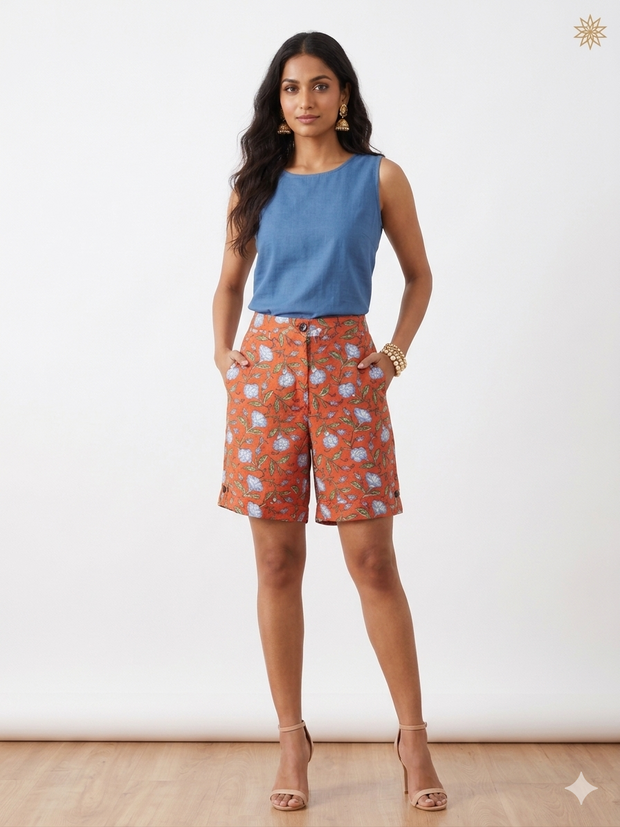 Orange Floral Handblock Cotton Shorts