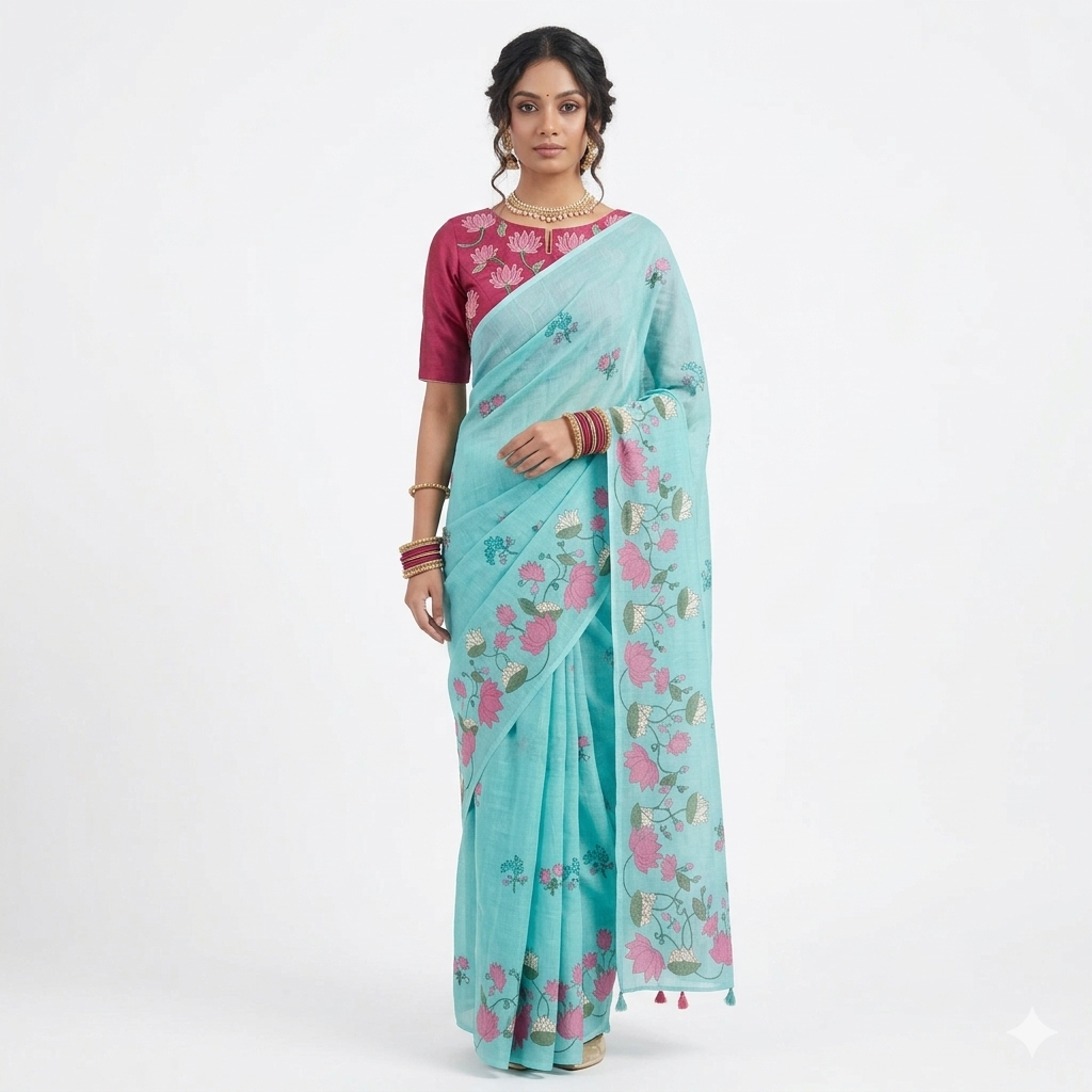 Light Green Pink Lotus Floral Cotton Saree