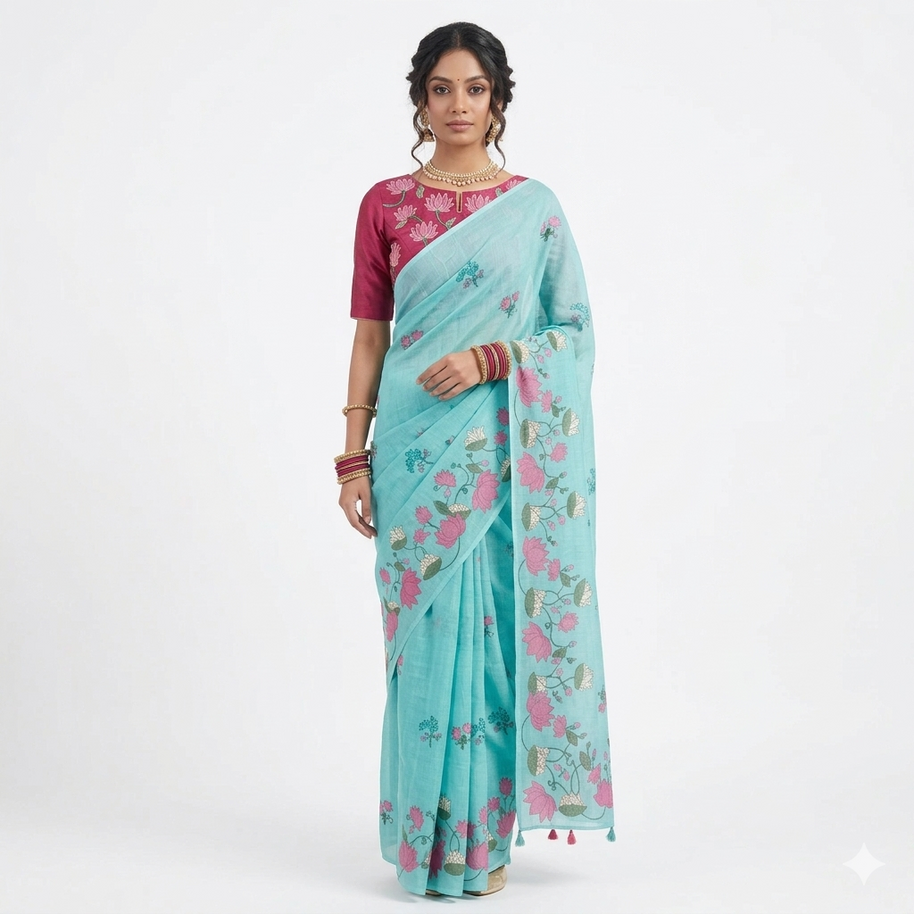 Light Green Pink Lotus Floral Cotton Saree
