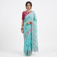 Light Green Pink Lotus Floral Cotton Saree