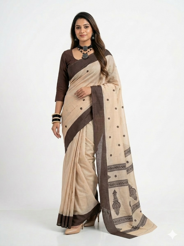 Cream Black Cotton Saree