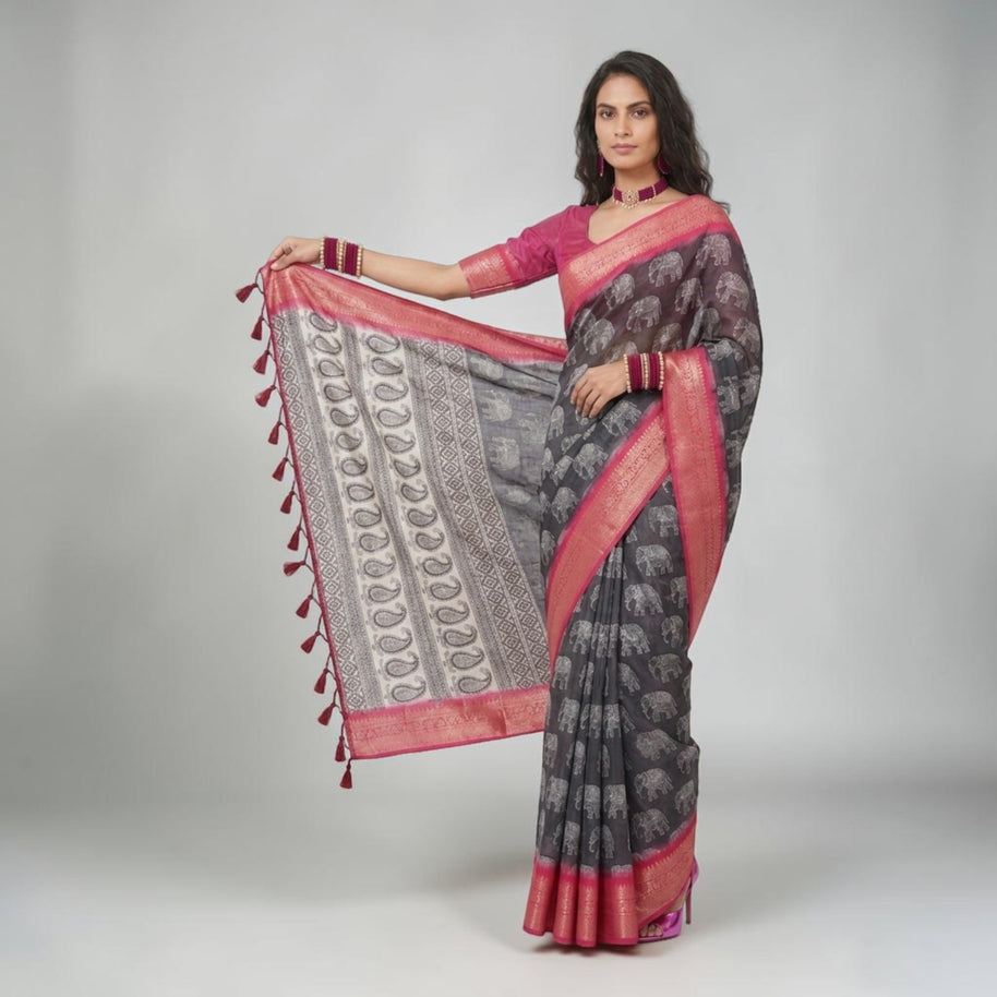 Black Soft Litchi Silk Saree