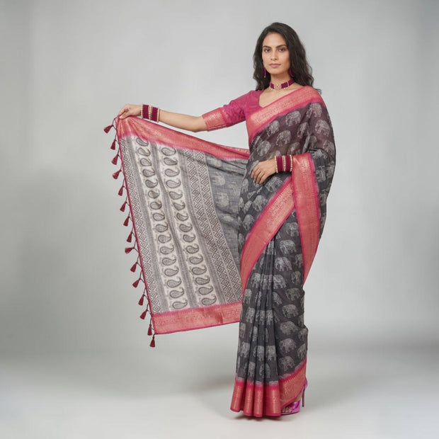 Black Soft Litchi Silk Saree